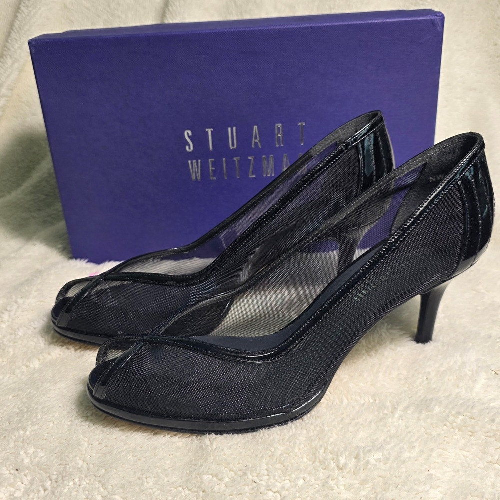 Stuart Weitzman Peep Toe Mesh Pumps Black Patent Leather Trim Women 7.5 M NEW